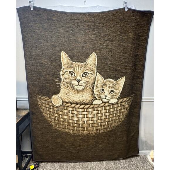 Vintage Biederlack Cats In a Basket High Pile Acrylic Blanket Tapestry 55”x 75” - Picture 1 of 8